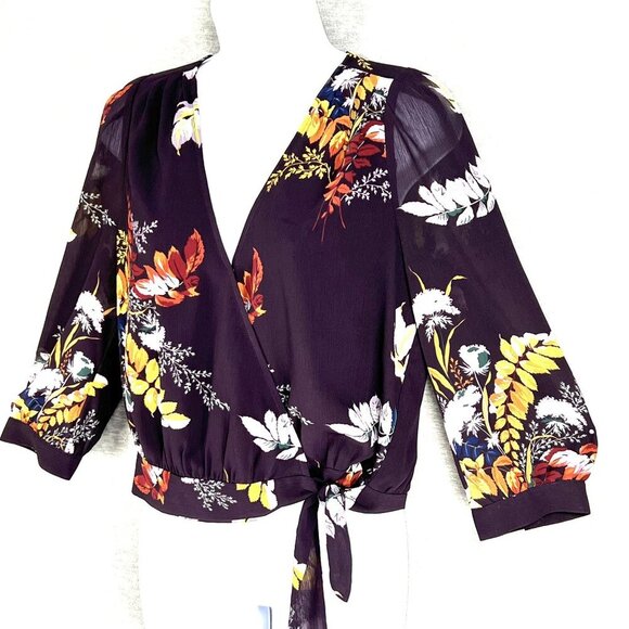 Madewell Womens S Wrap Style Blouse Burgundy Gold 3/4 Sleeve Bloomcore 70s Top - Picture 9 of 16